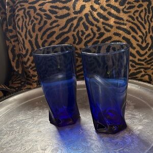 Set of 2 Anchor Hocking Sybil Cobalt Blue Hexagon Twisted Base Drinking Glasses